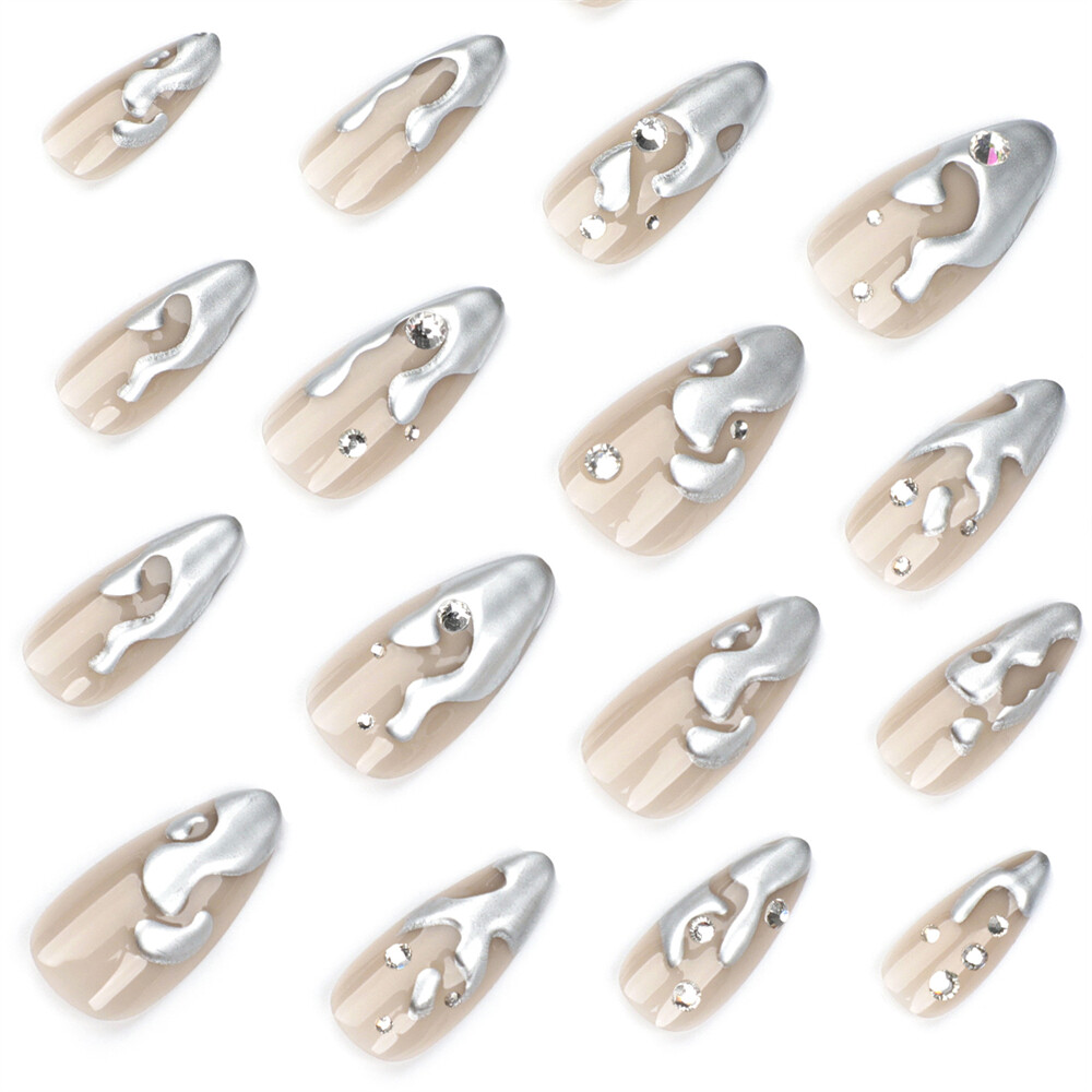 Short Almond Press-On Fake Nail 3D Silver Irregular French Glossy Manicure 24pcs