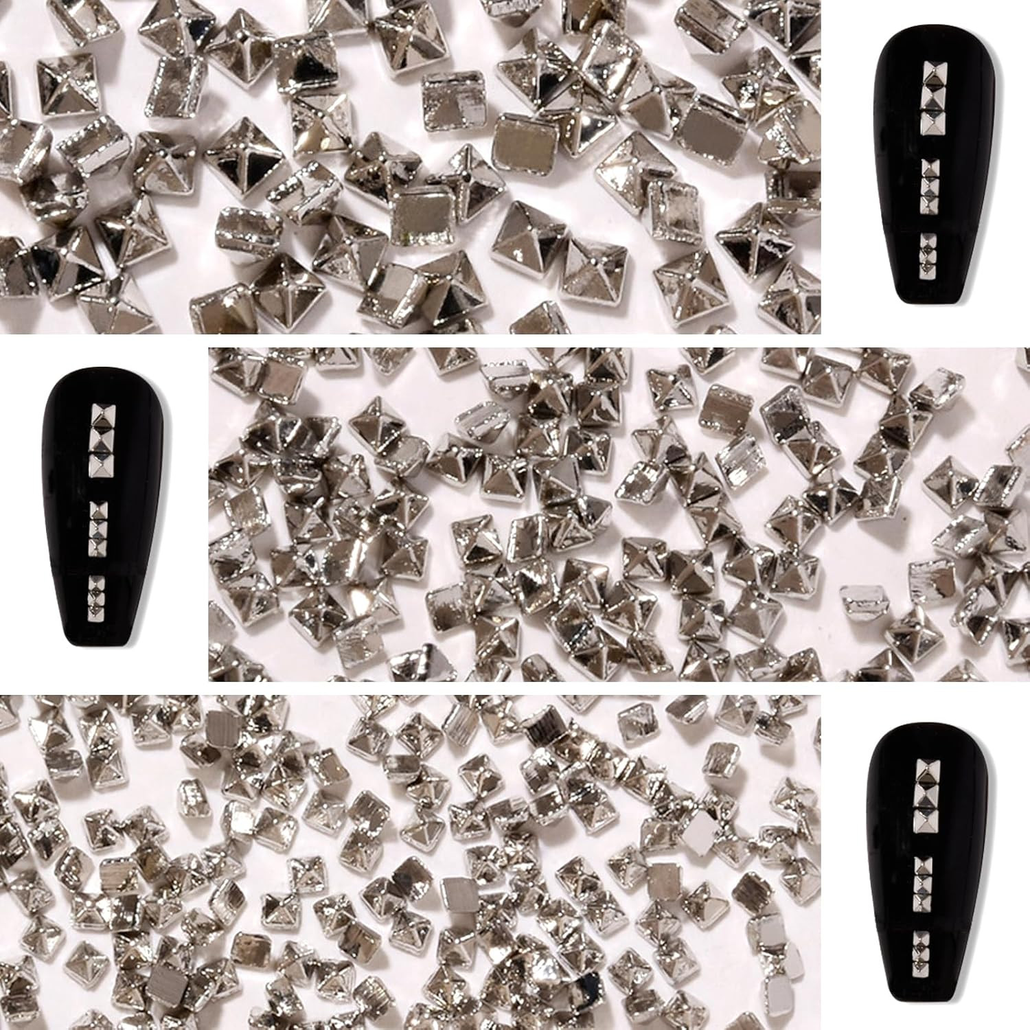 600 PCS Silver Pyramid Nail Charms – 3D Metal Punk Studs for Nail Art