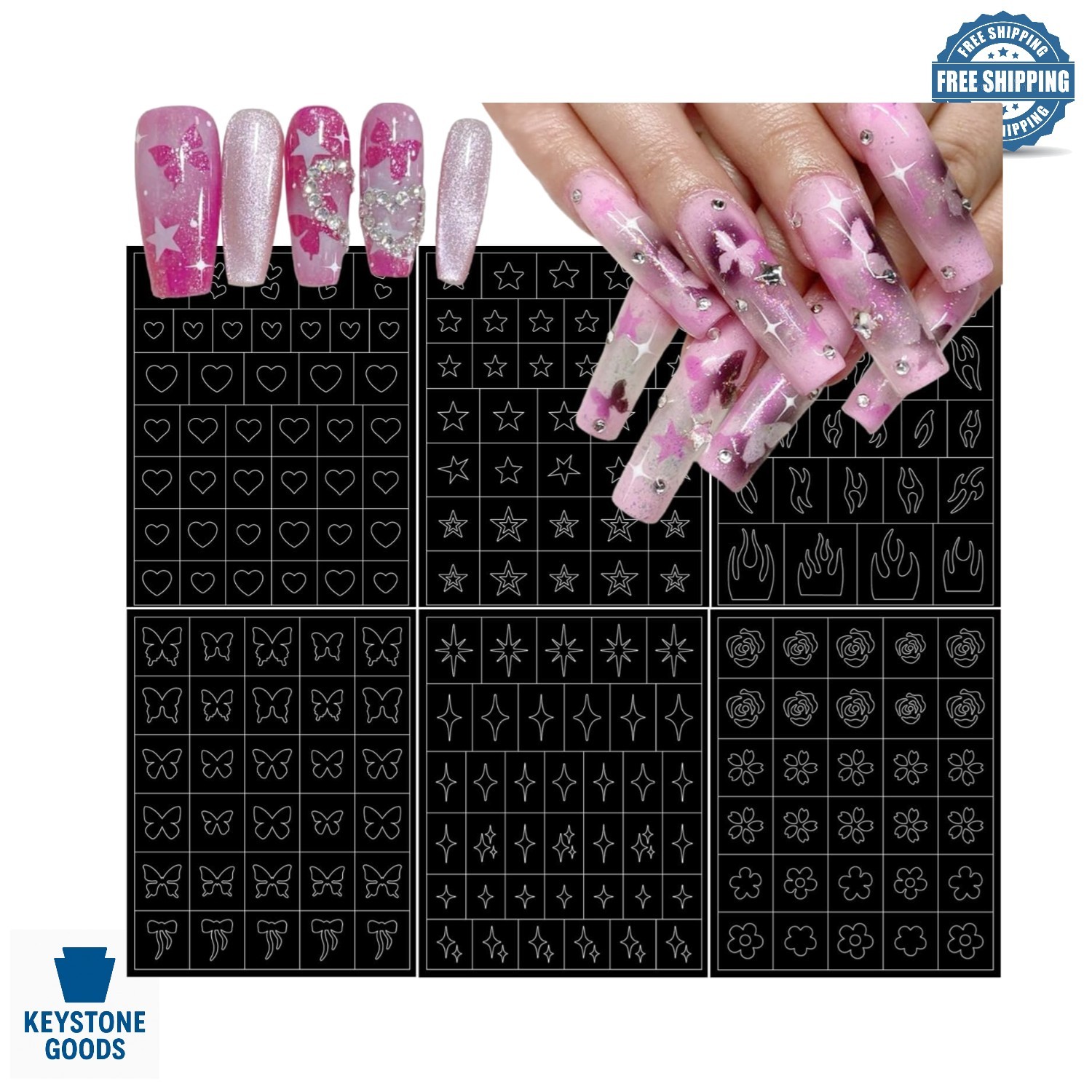 6 Pcs Airbrush Nail Stencil Set with Flower & Pattern Designs