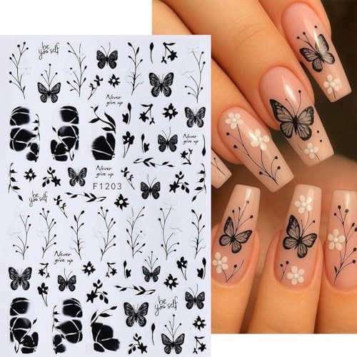 6 Pcs Flower Nail Stickers 3D Self-Adhesive Black Butterfly Nail Art