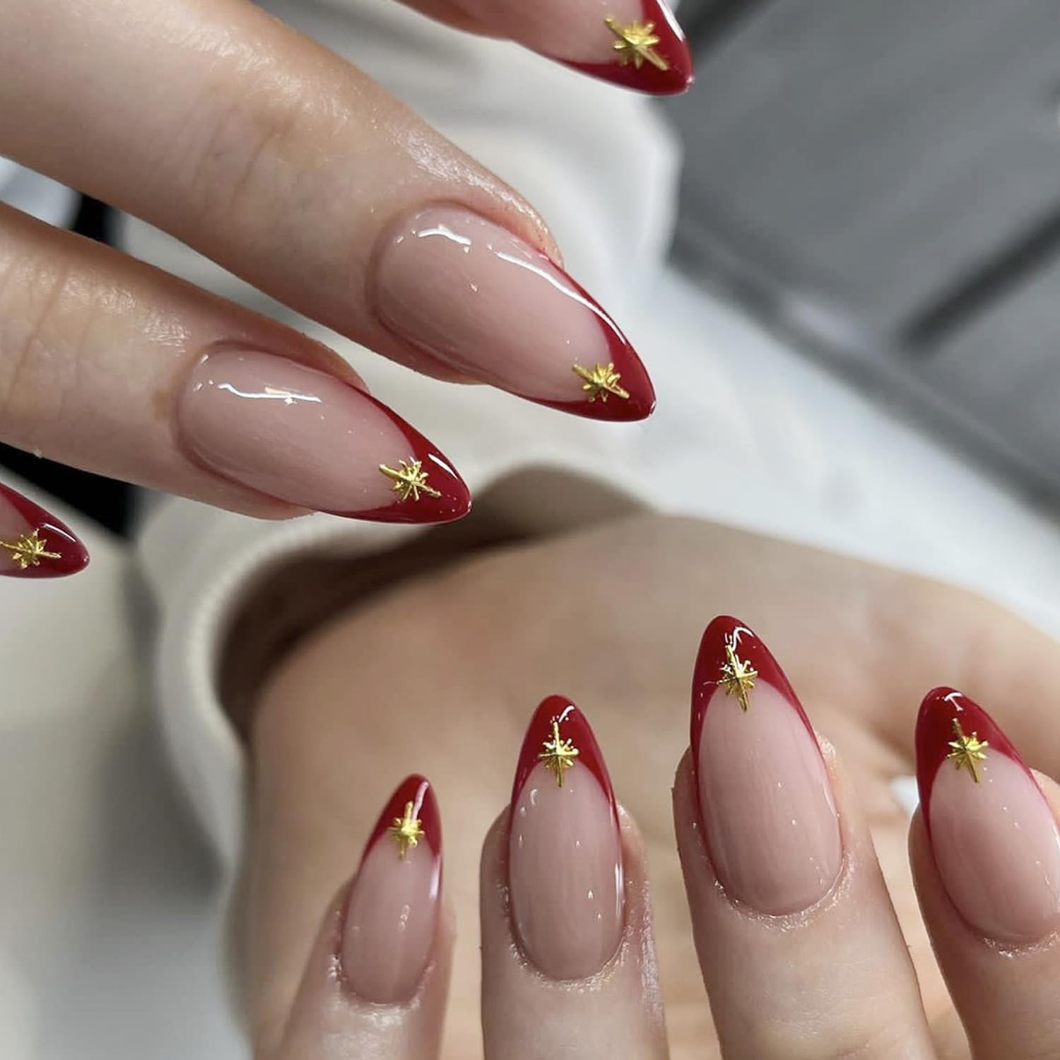 French Tip Press On Nails 3D Charms with Gold Star Design, Metallic Studs Acr…
