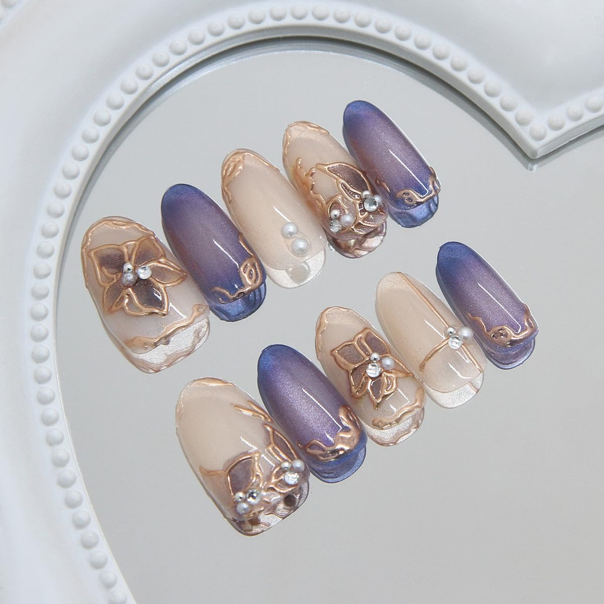30Pcs Short Almond Press on Nails Gold Edge Floral Fake Nails with 3D Gilding Pe
