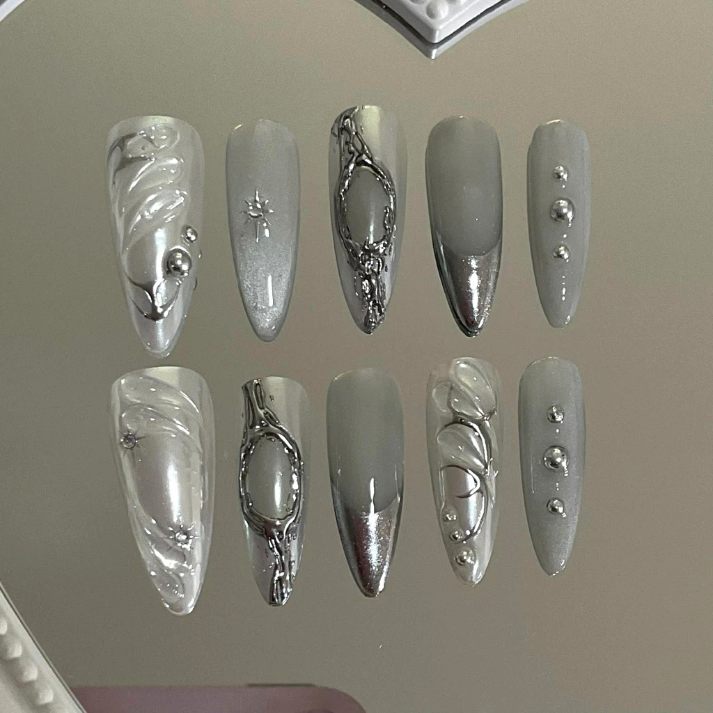 Gel nails, pre-made false nails, handmade, durable, Pearl white. 1 set