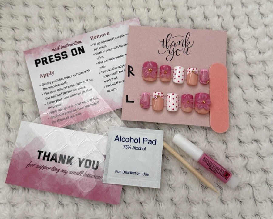 Custom Gel Press On Nails Size Medium Short Length Pink 3D Look
