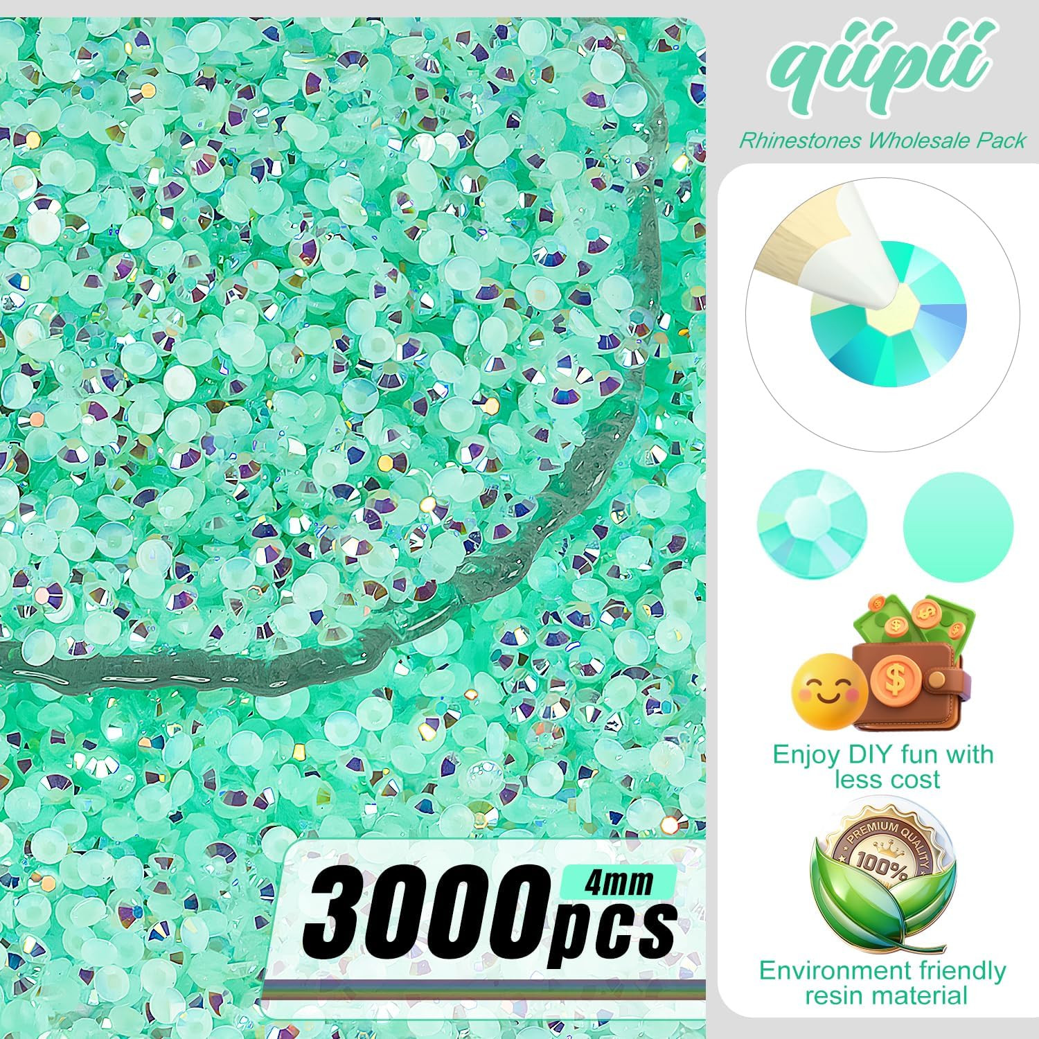 3000PCS 4Mm Aquamarine Green AB Resin Rhinestones Lake Green Flatback Jelly Ston
