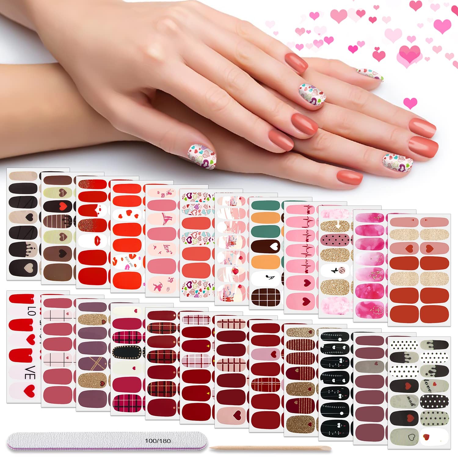 24 Sheets Valentine’s Day Nail Wraps for Women Stick On Nail Polish Strips Ge…