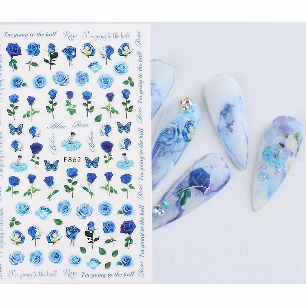 3D Nail Art Sticker Romantic Blue Rose Flower Decal Manicure Peel Stick F862 NS3