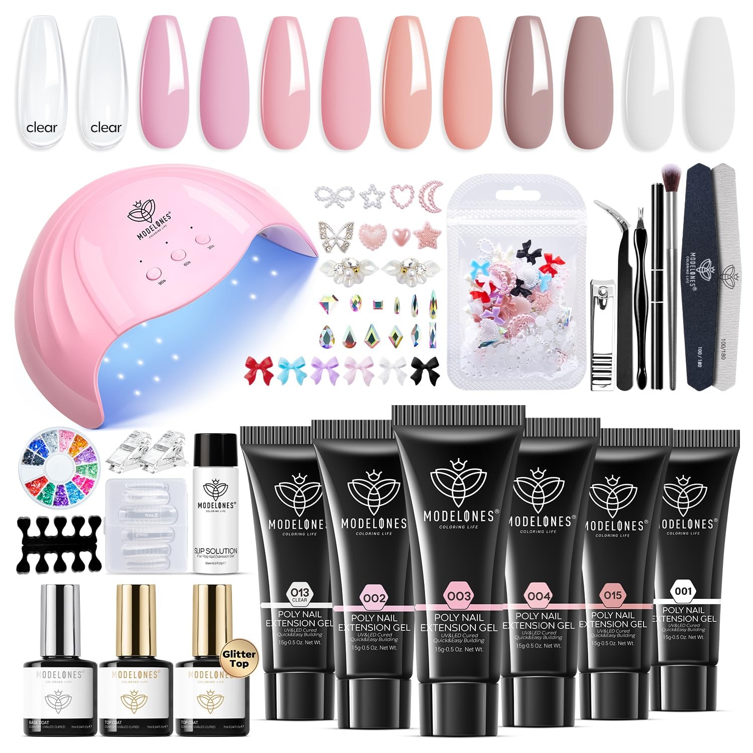 6 Color Poly Nail Gel Kit With 48W UV LED Lamp Charms Slip Solution Set
