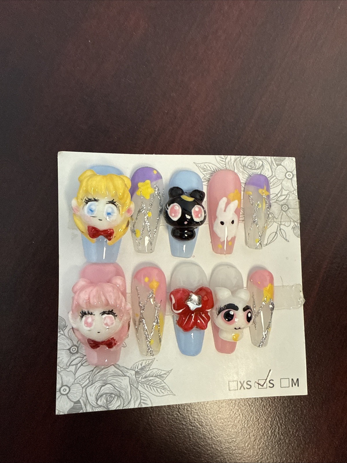 Hand Painted Sculpted 3D SAILOR MOON Press On Nails Coffin Size S