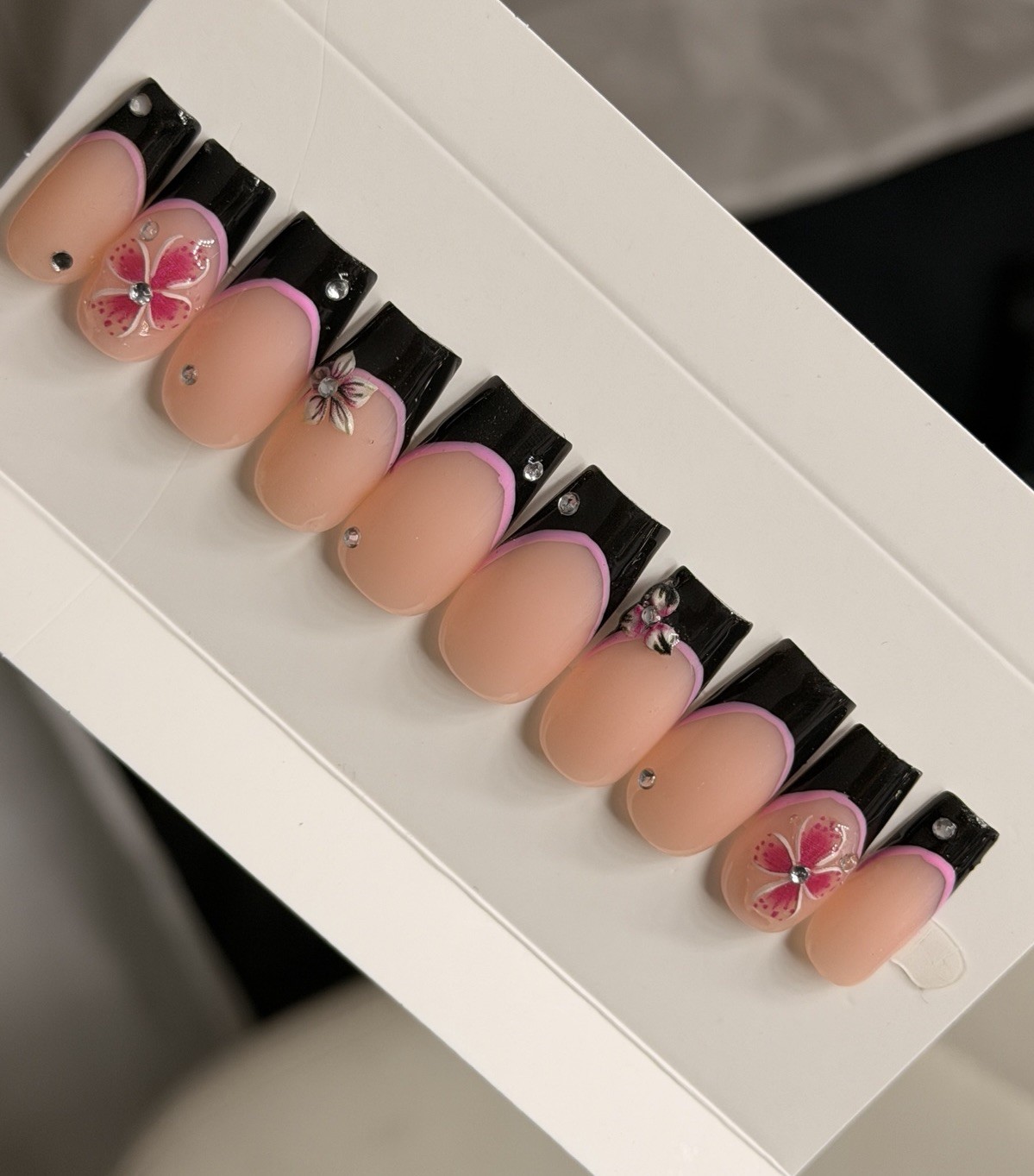 🌸 CUSTOM Press On Nails FRENCH BLACK Flower PINK 10p SET W Kit