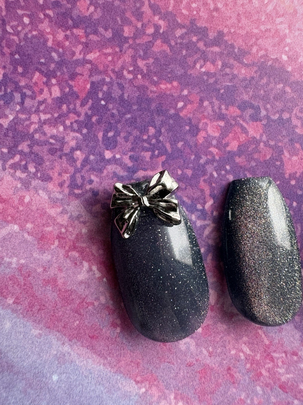 Handmade Japanese Press on Nails | Navy Magnet Galaxy & Silver Ribbon | Cute Ele