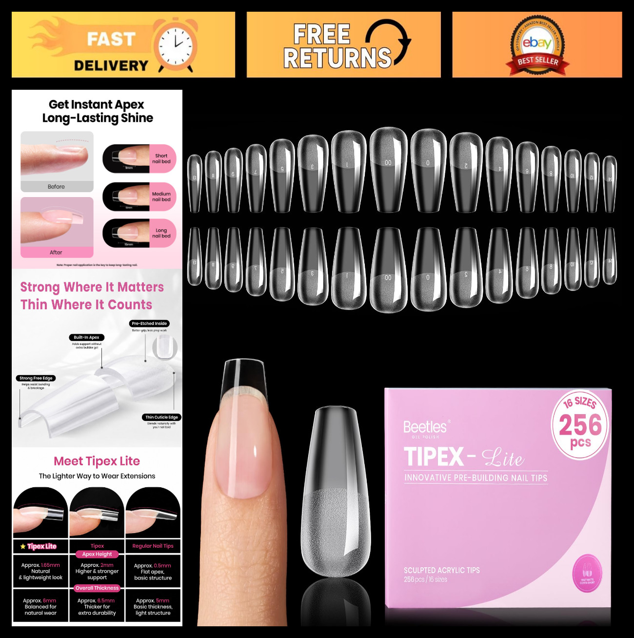 Instant Apex Nail Tips – Short Coffin, 256pcs Value Pack, 16 Sizes 00-14, No Bui