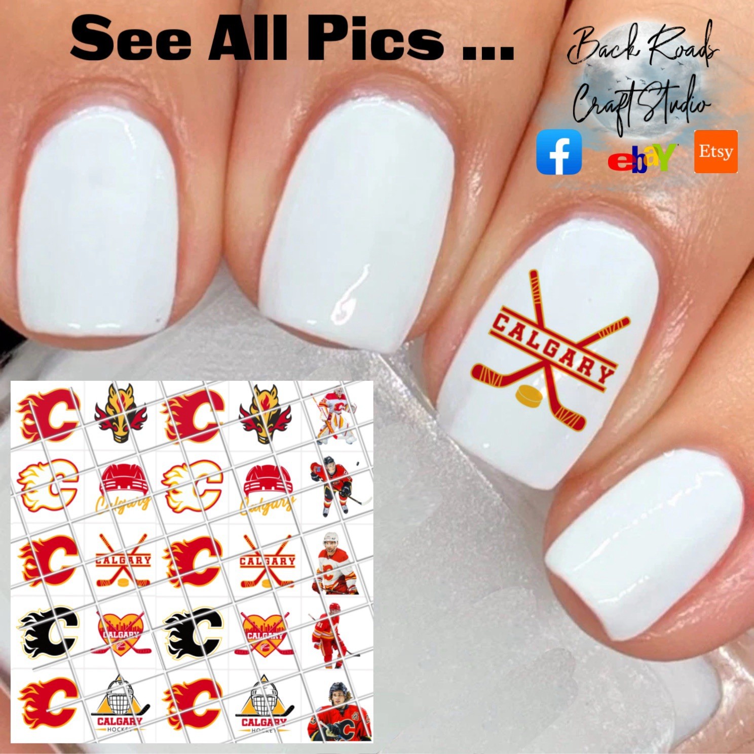 Calgary Flames NHL Waterslide Nail Art Decals Set Of 50 Instructions & Bonus
