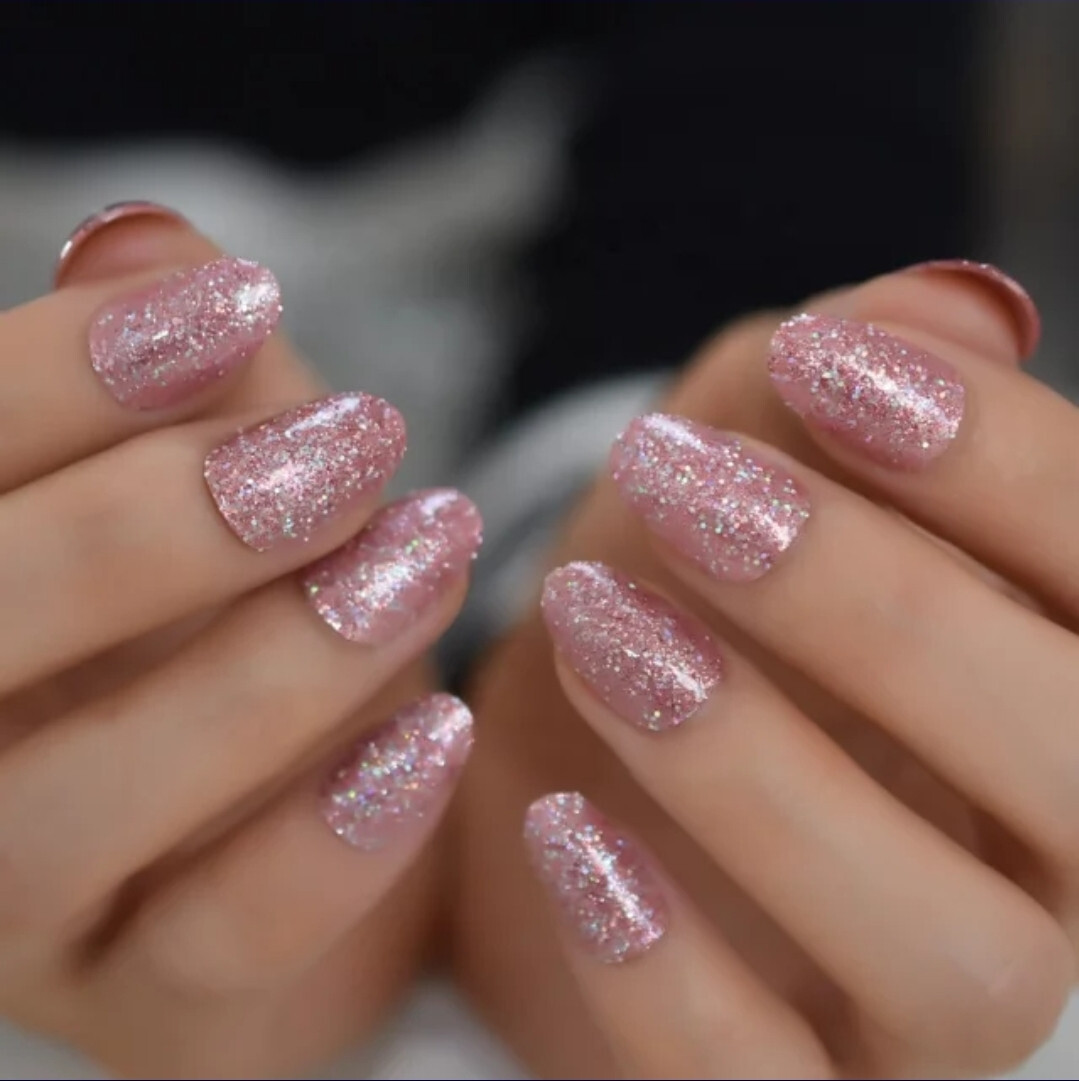 24 Short Press on nails kit w glue rose gold pink almond glitter