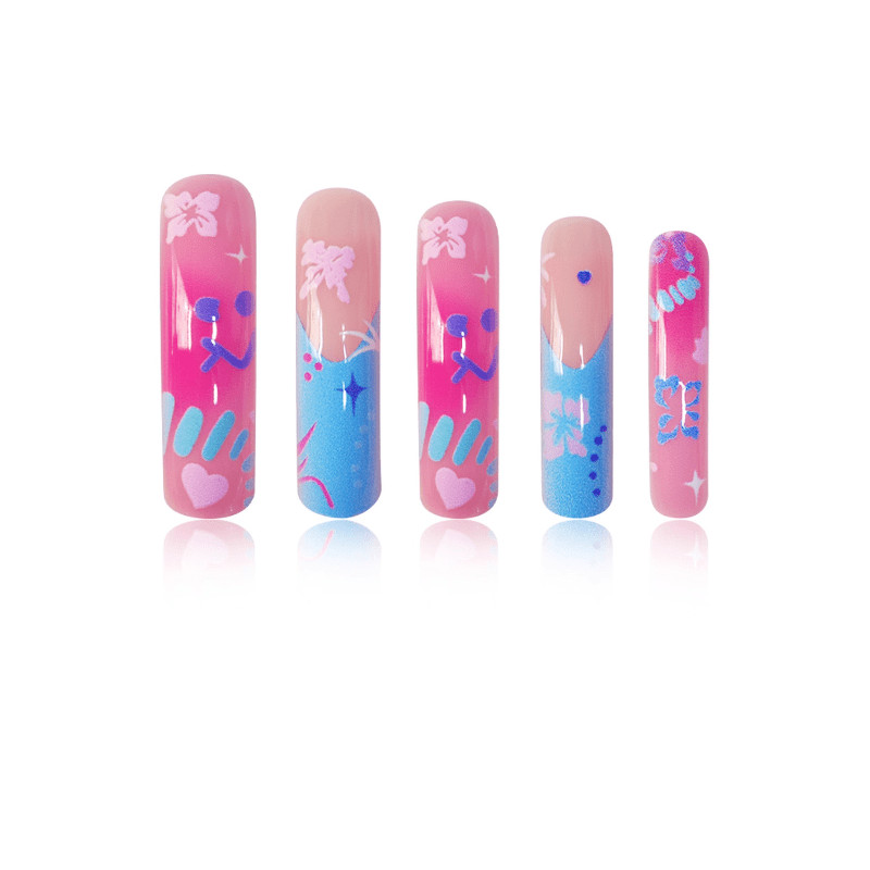 48pcs Y2K Blue Pink Hawaii Style Press on Nails, Sweet Cool Long Fake Nails