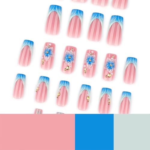 24 Pcs Blue French Tip Press on Nails Long Square Flower Press on Nails-4