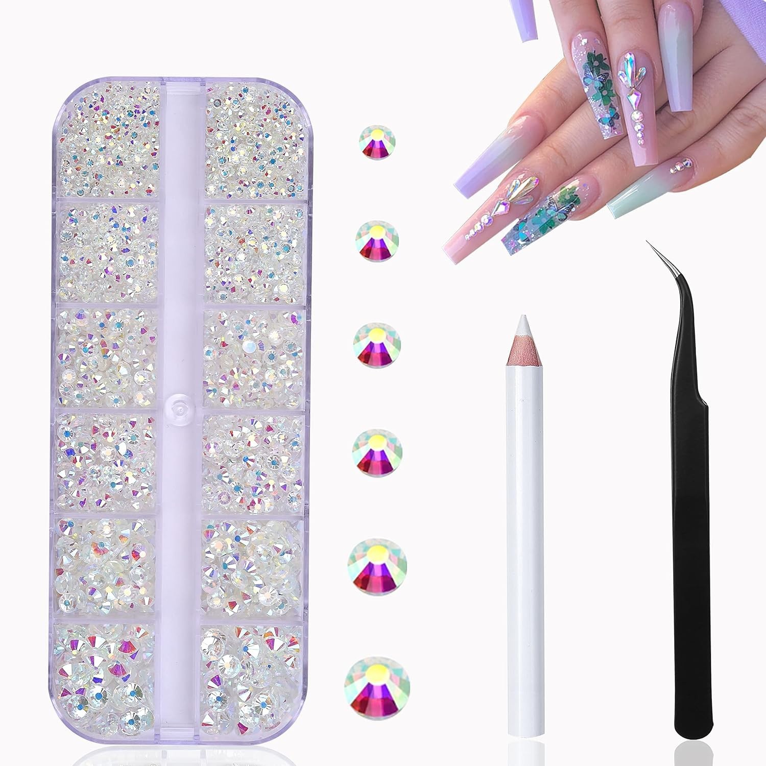 Nail Art Rhinestones Kit 2400Pcs Nail Gems Ab Flatback Rhinestones Gems Stones,