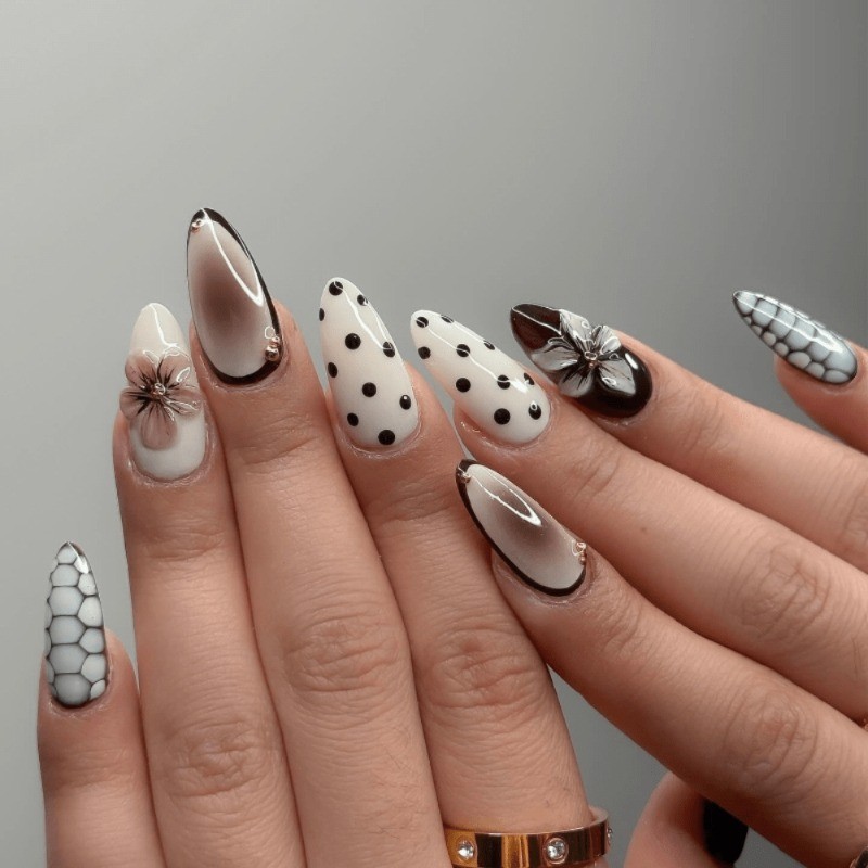 48 Pieces of Grey and White Mixed Element Fake Nails – Removable Fake Nail Art