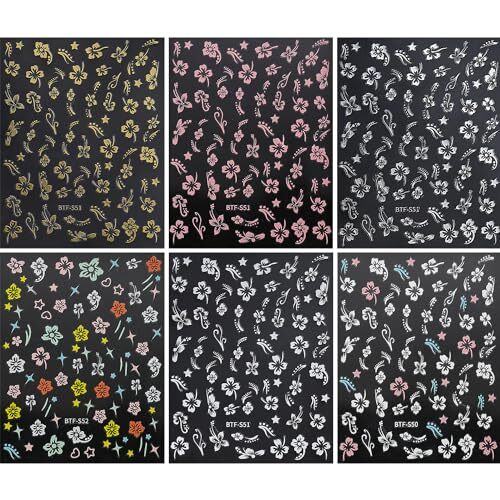 Flower Nail Stickers, Hibiscus Nail Decals 3D Self-Adhesive White Pink Gold