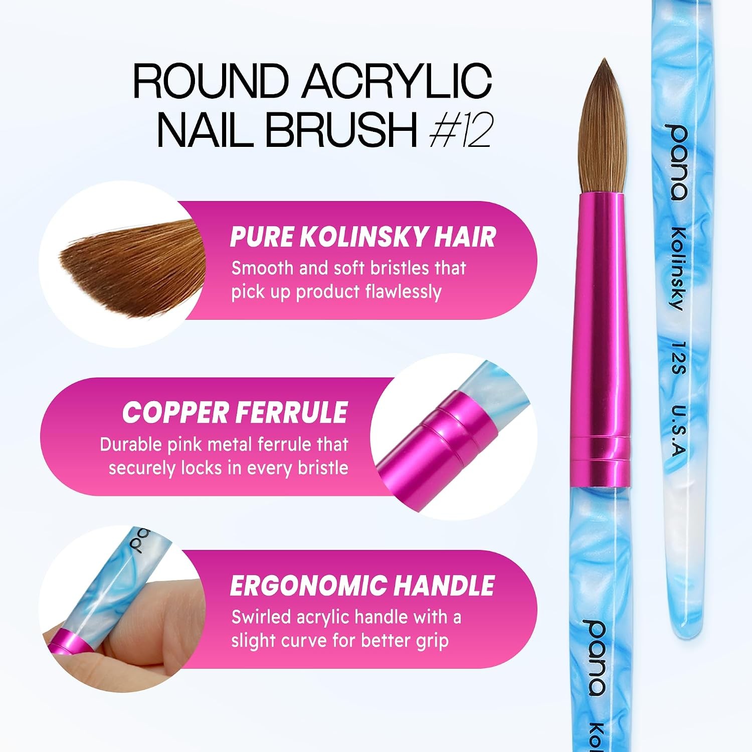 USA Acrylic Nail Brush Pure Kolinsky Hair White Swirl Blue Handle with Pink