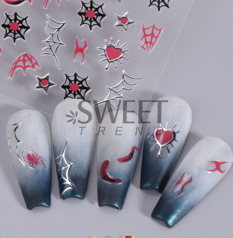 Halloween Nail Art Stickers Black Red Spider Web Blood Star French Decals NH27