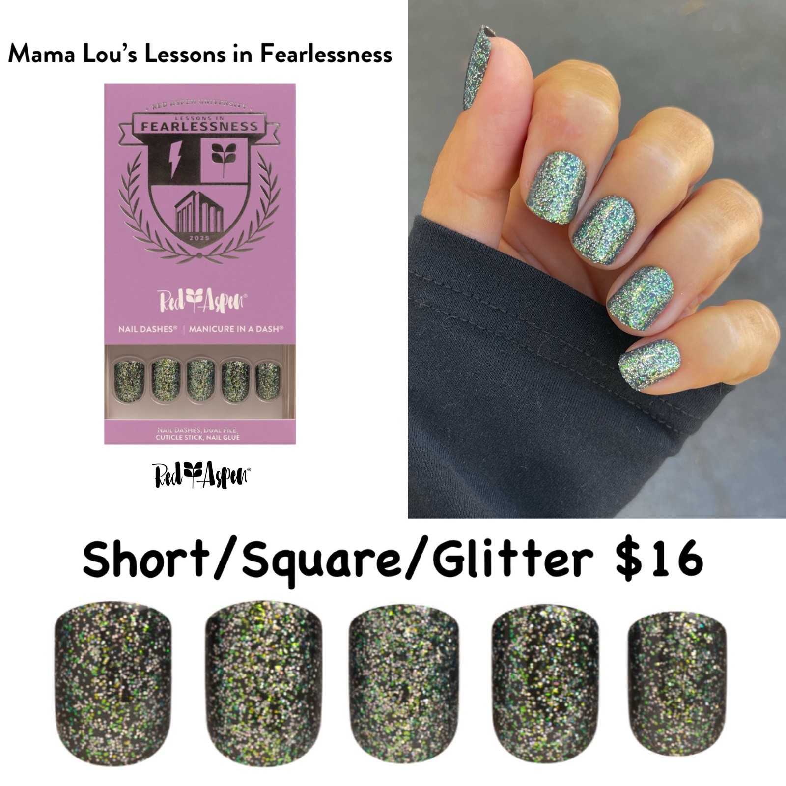 Red Aspen Press-On Nails Mama Lou Short Square Glitter Black Green Glue Included