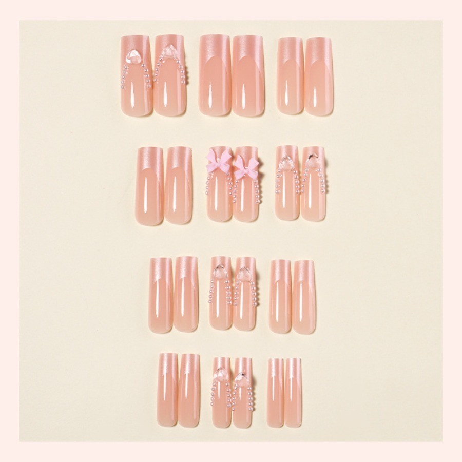 48p-French Press on Nails Pink Square Bow Heart Pearl Rhinestone Embellishments