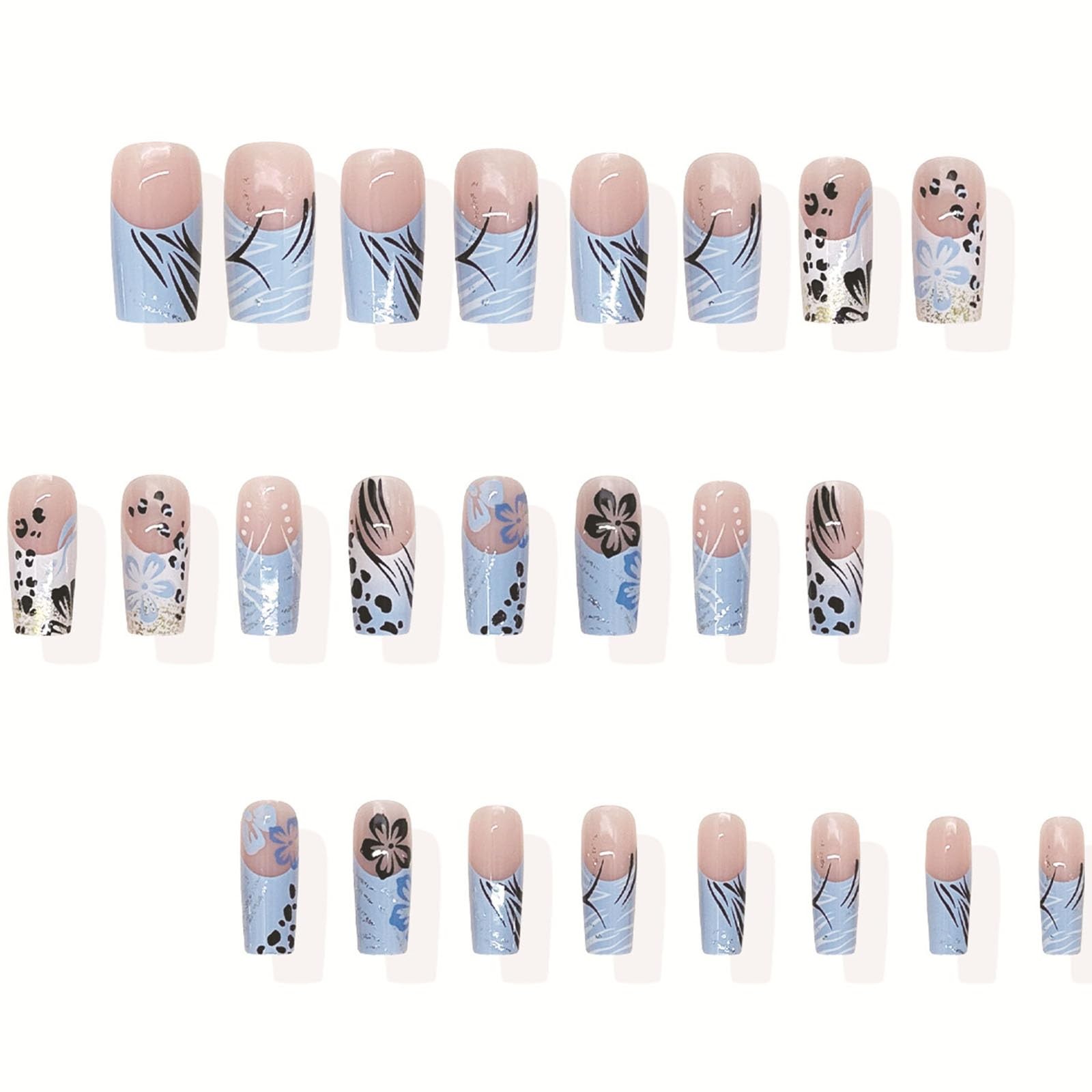 French Tip Long Press on Nails Almond Fake Nails with Leopard Flower Lines Gl…