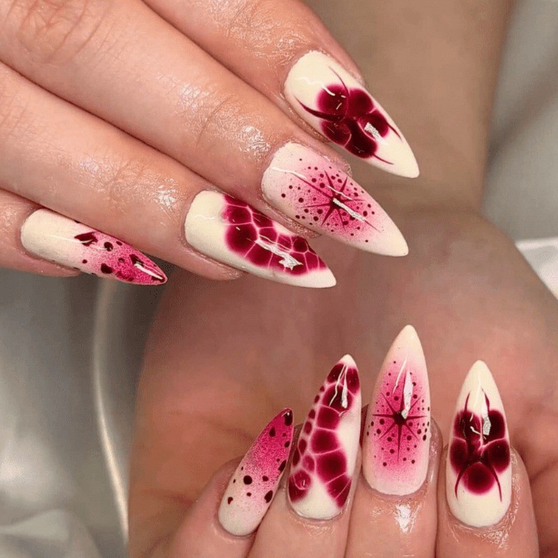 48 Pieces of Pink and White Applied Fake Nails, Removable and Reusable Nail Art
