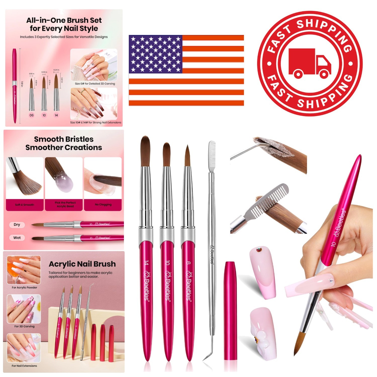 Professional Acrylic Nail Brush Set 3 Sizes with Steel Comb for Easy Cleaning