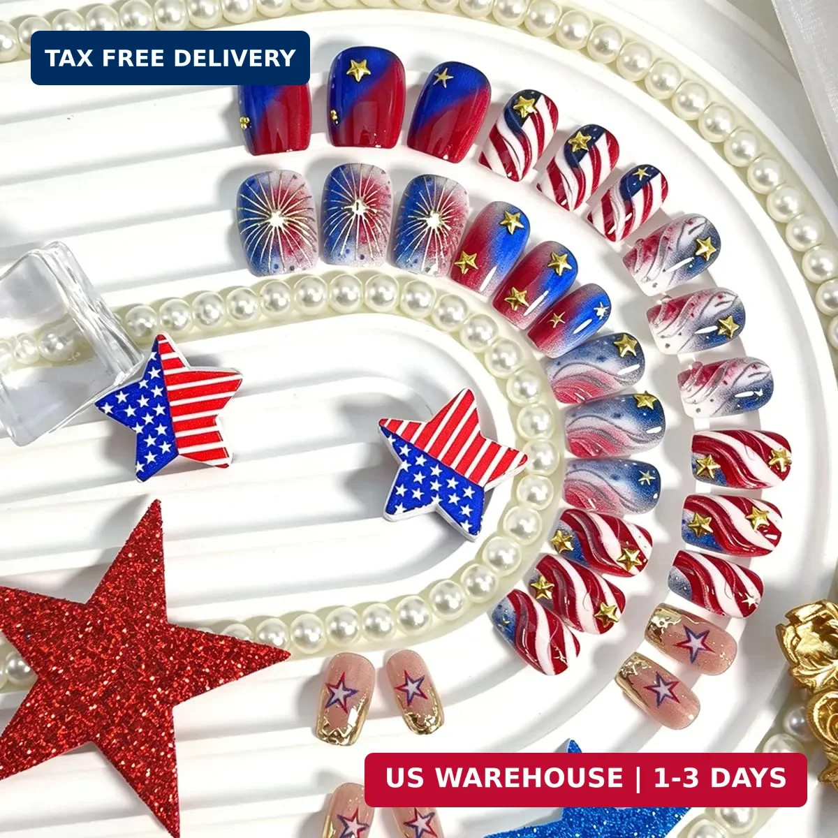 4th of July Press on Nails Medium Square Independence Day Fake Nails 3D Gold Sta