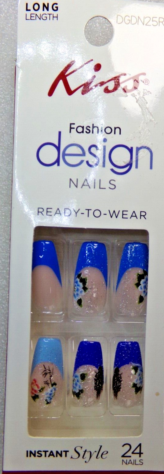 KISS NAILS GLUE ON Shiny Blue French with Flowers LONG LENGTH, COFFIN SHAPE