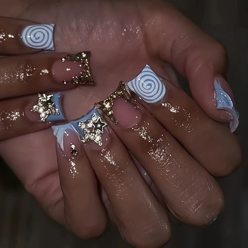 Duck Press on Nails – Blue Gold Fake Nails – Short French Tip with Swirl DU014