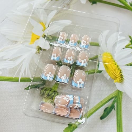 Press on Square Nails – Short Length Glossy – Full Blue & White Floral