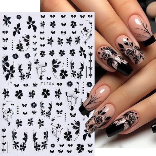 6 Pcs Flower Nail Stickers 3D Self-Adhesive Black Butterfly Nail Art