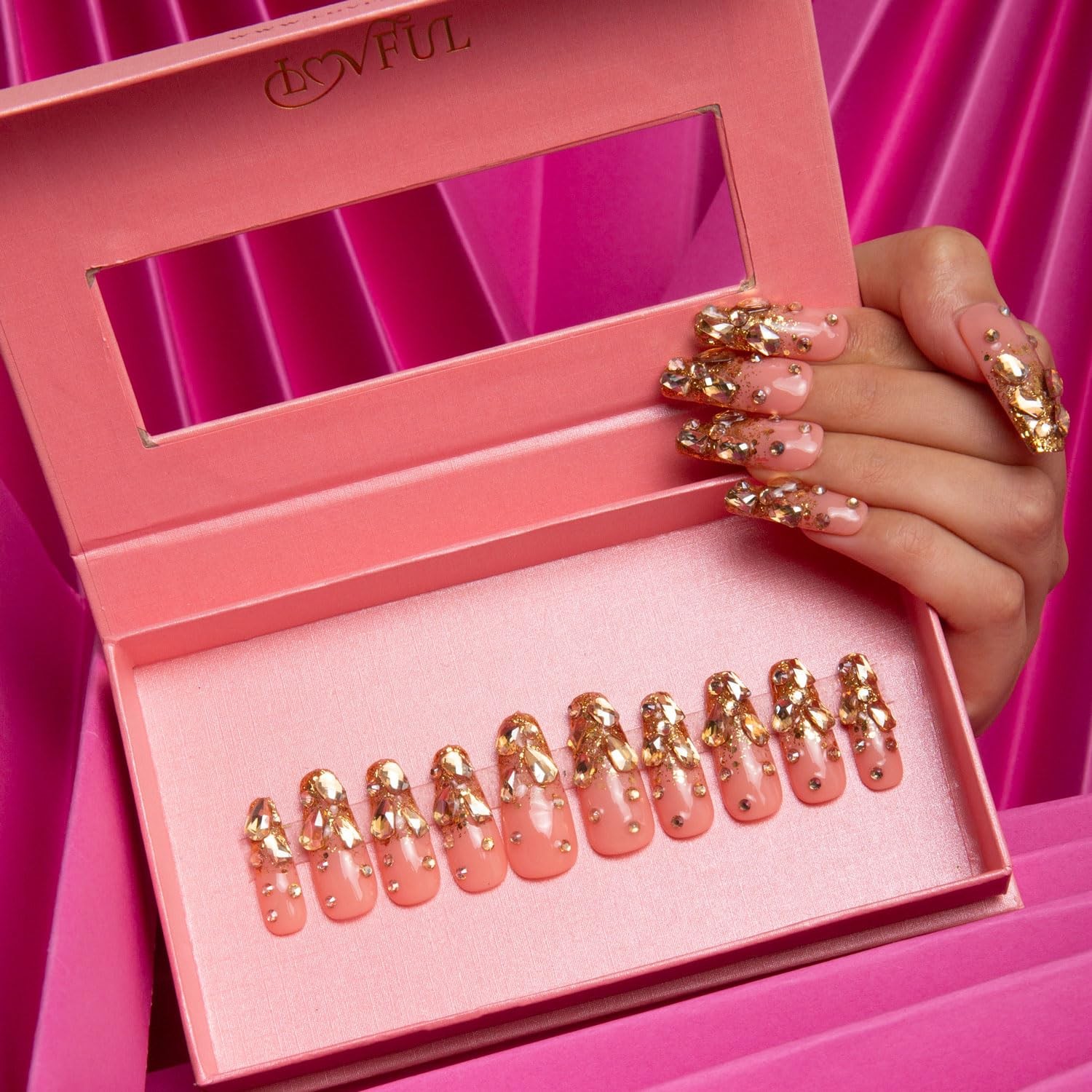 Press on Nails Stardust Gold Rhinestone Coffin Classic 1.3in – Reusable Full
