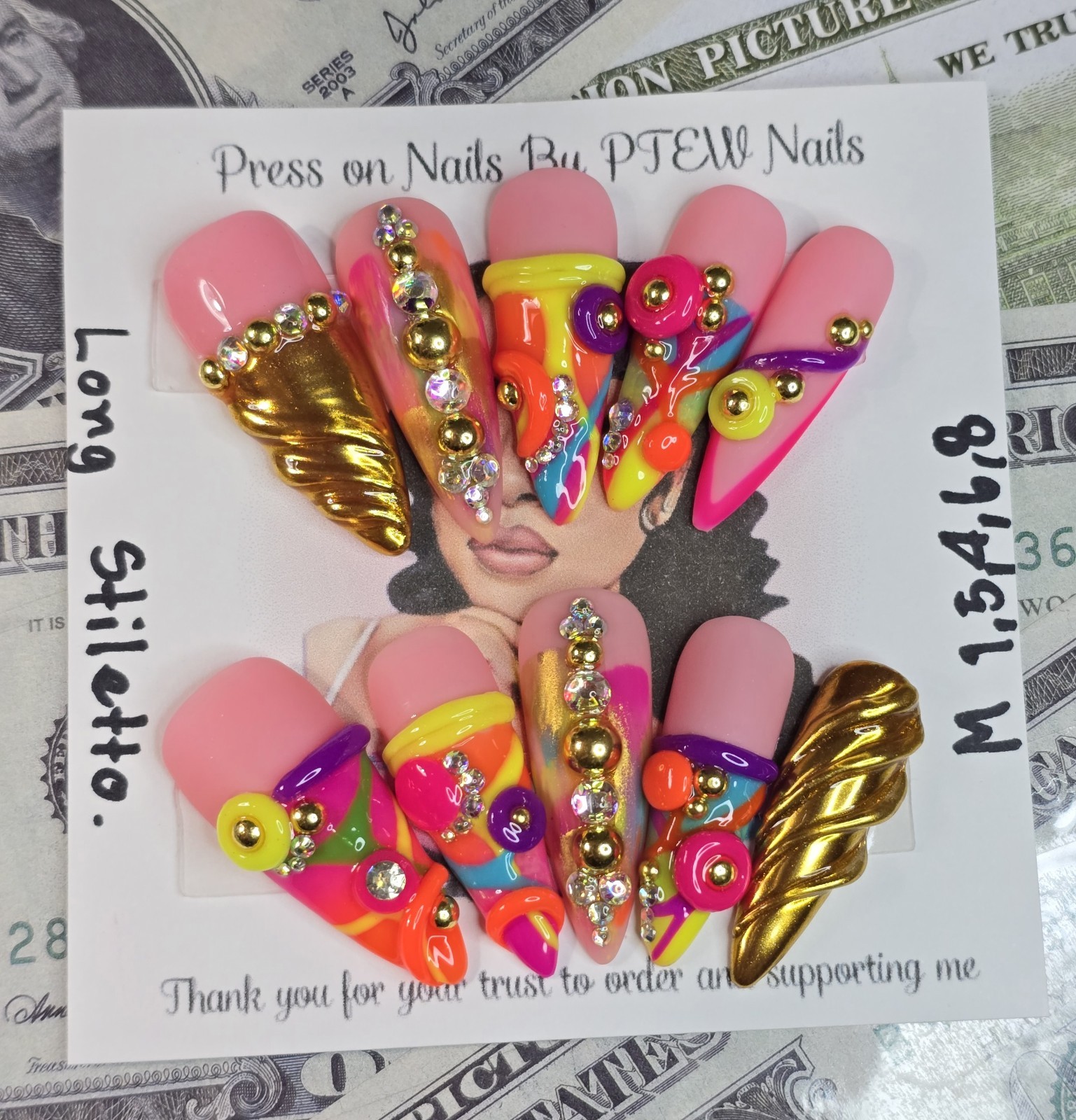 Handmade Press On Nails, Colorful Nails,Medium Size 1,5,4,6,8 Long Stiletto