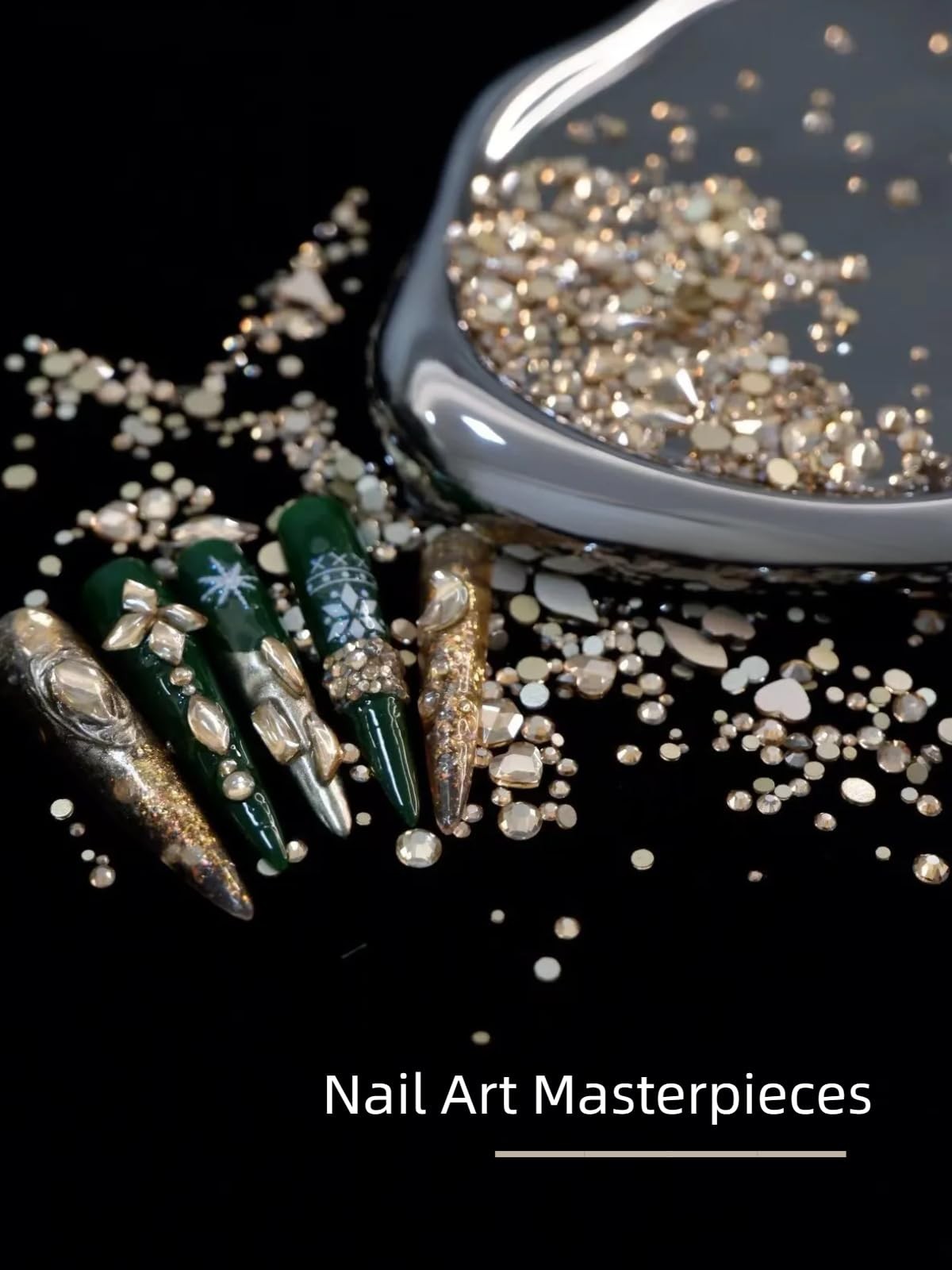 Gold Nail Art Rhinestones Kit – 6080 Pcs 3D Flatback Crystals & Gems, Mixed Size