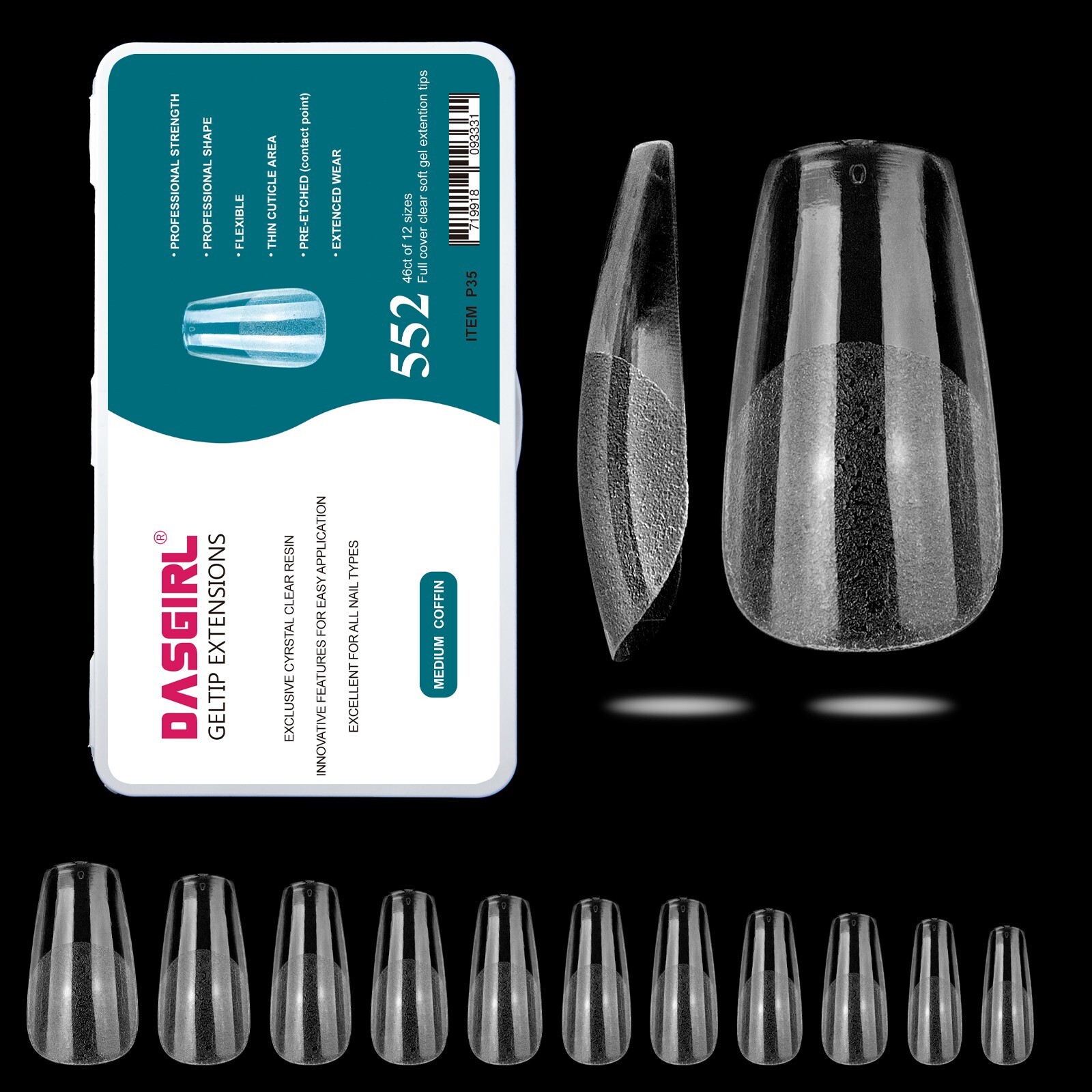 Dasgirl Soft GelTips Extension, 550 pcs, Full Cover, P35 Med. Square Round