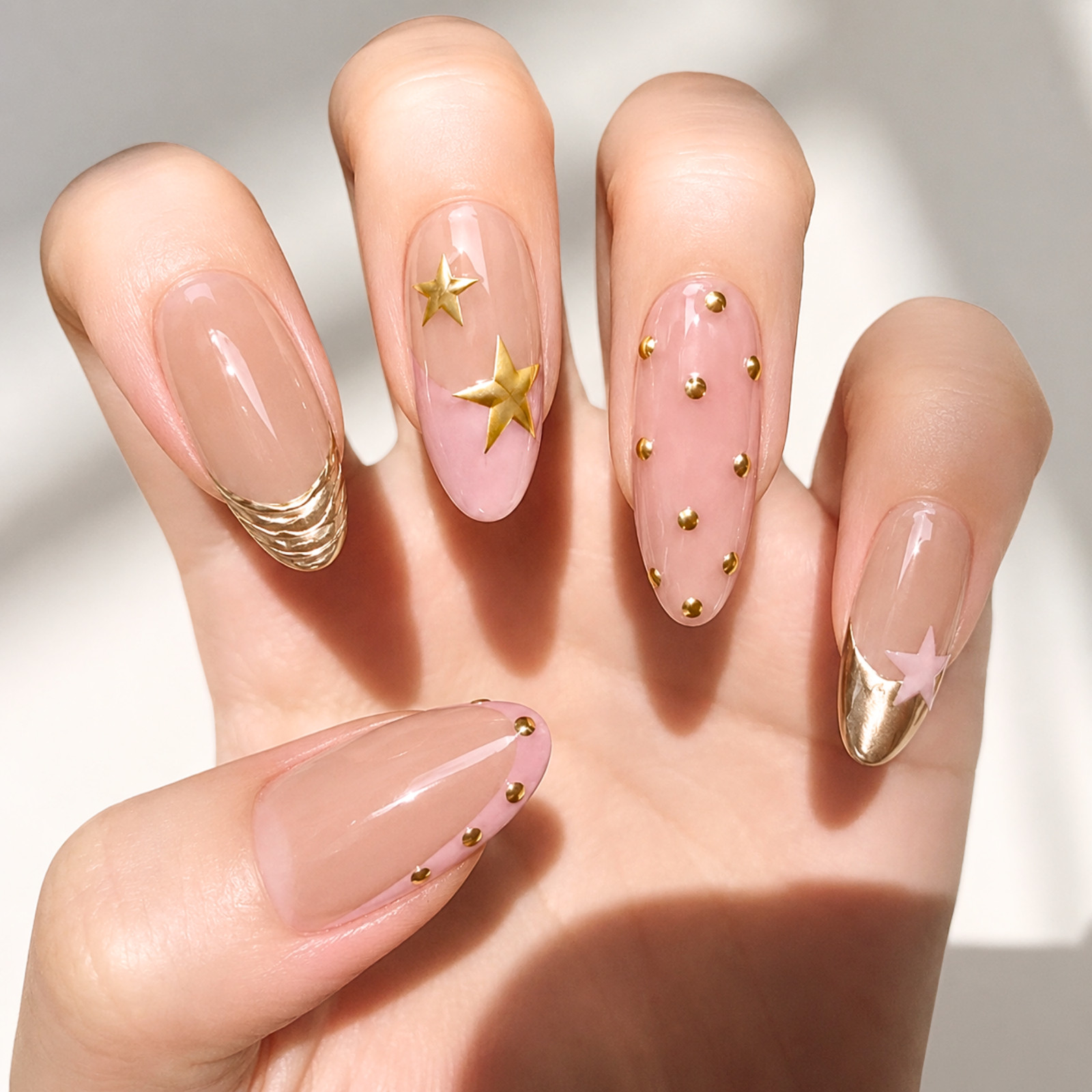Handmade Nude Pink Gold Star Press On Nails Celestial Custom Set