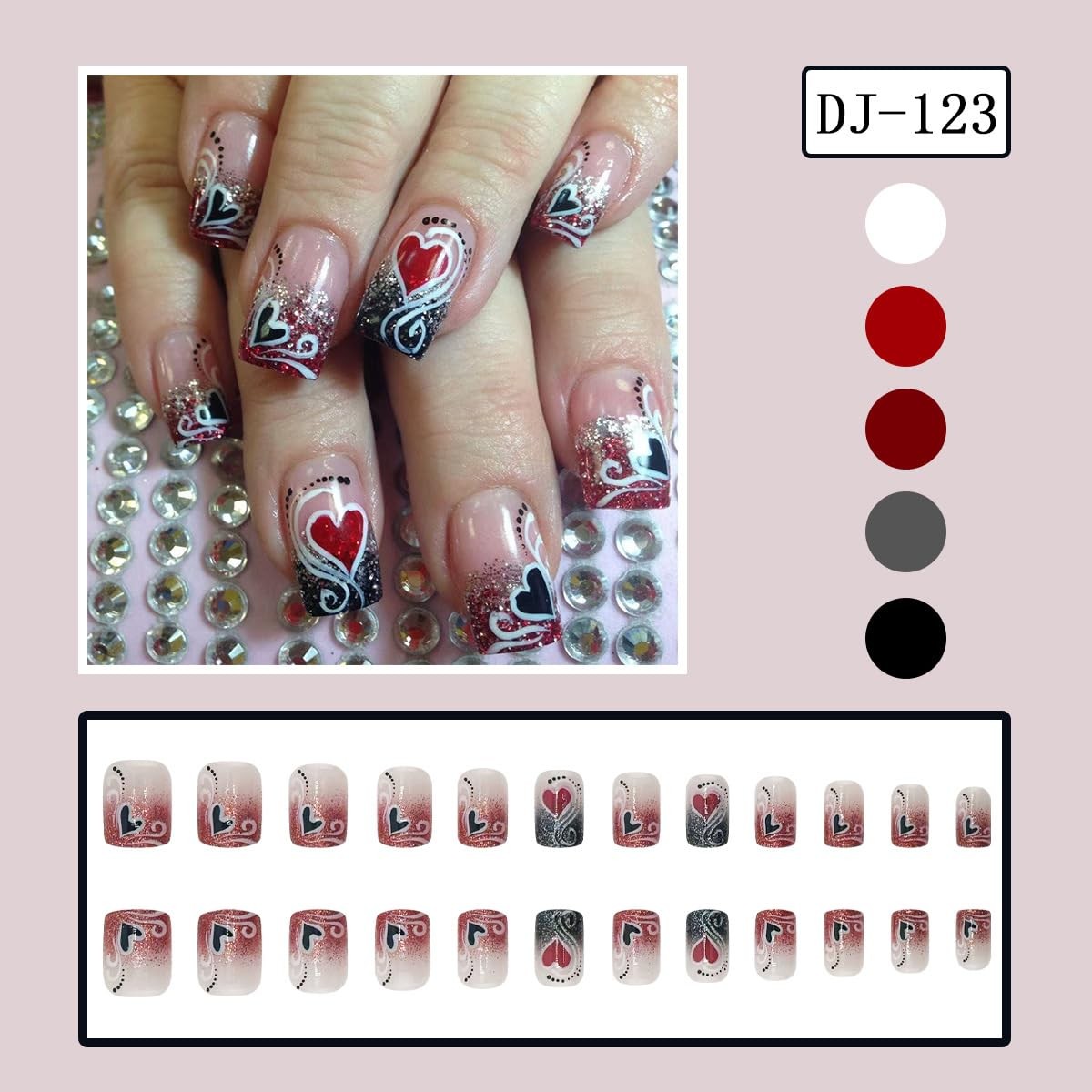 24Pcs Valentine’s Day Press on Nails Short Square French Tip Fake Nails Heart…