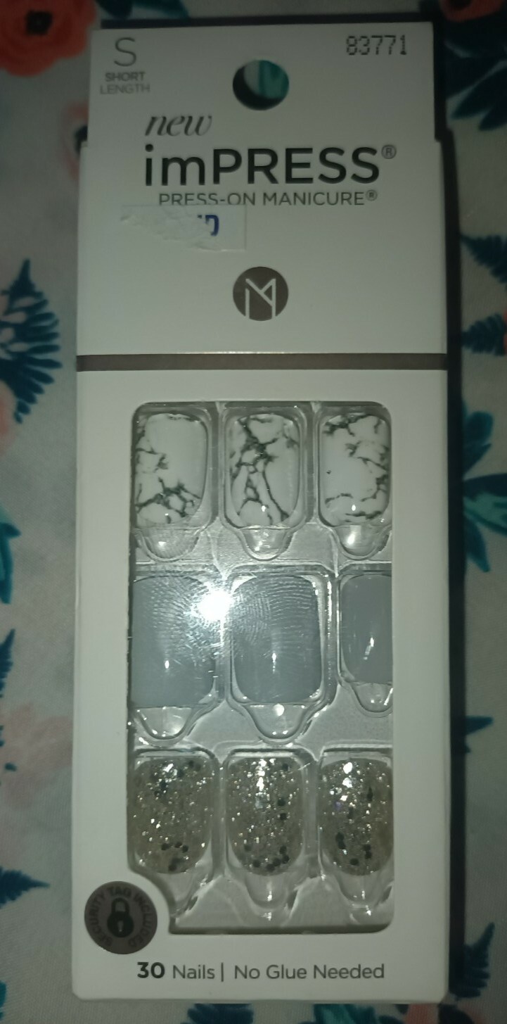 Kiss Nails Impress Press On Manicure Short Gel White Marble Gray Silver Bling