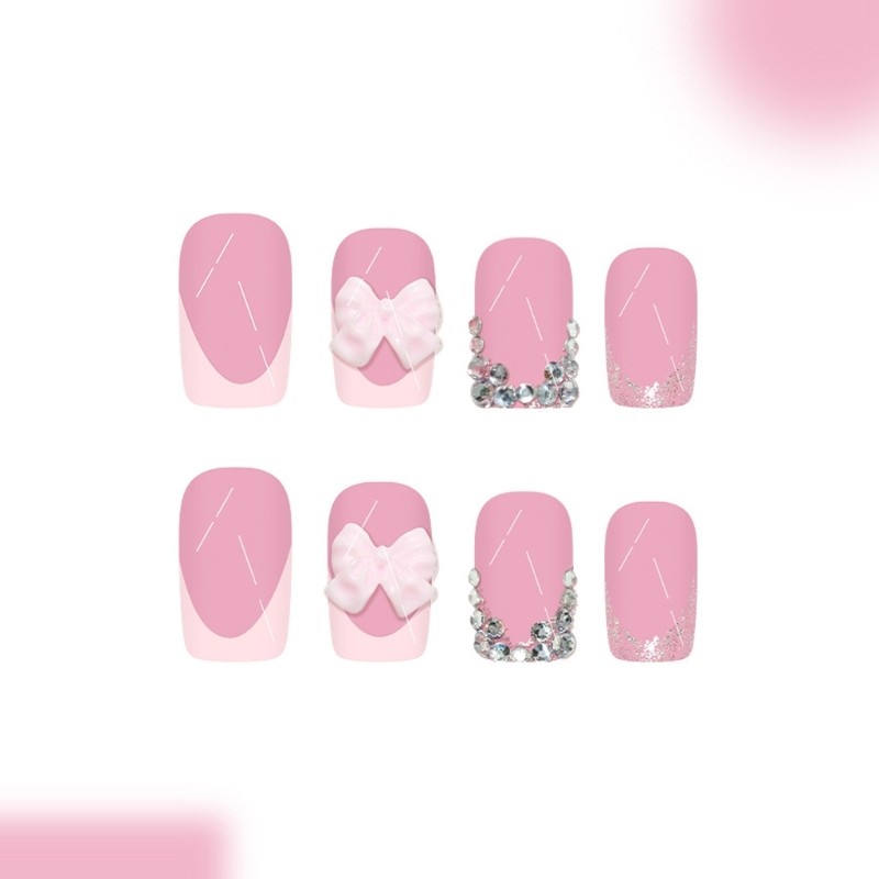 Pink Bows Fake Nail Snugly Fit Almond Shape Florals Design Artificial Nail
