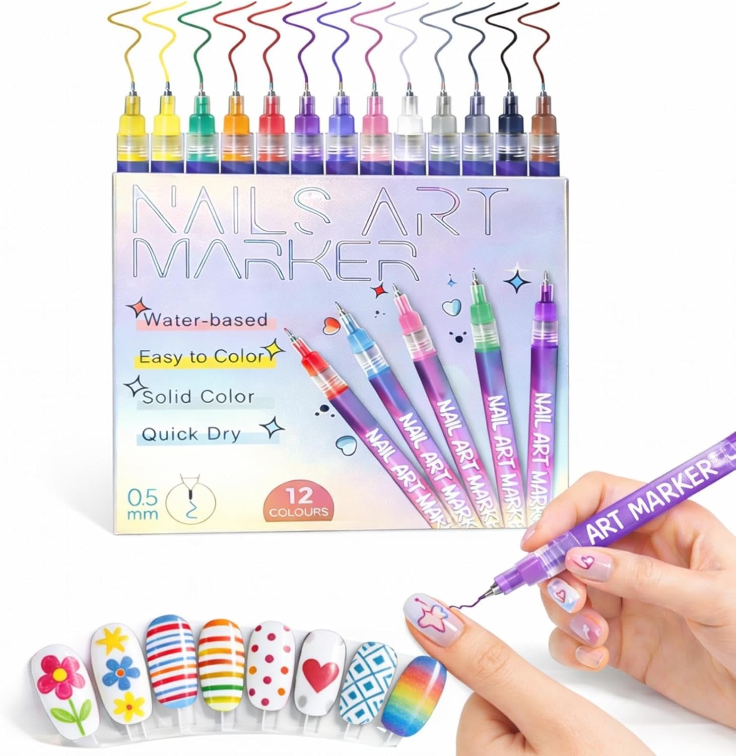 Nail Art Pen Set 12 Colors, 0.5mm Fine Tip, Quick Dry Waterproof Acrylic Paint