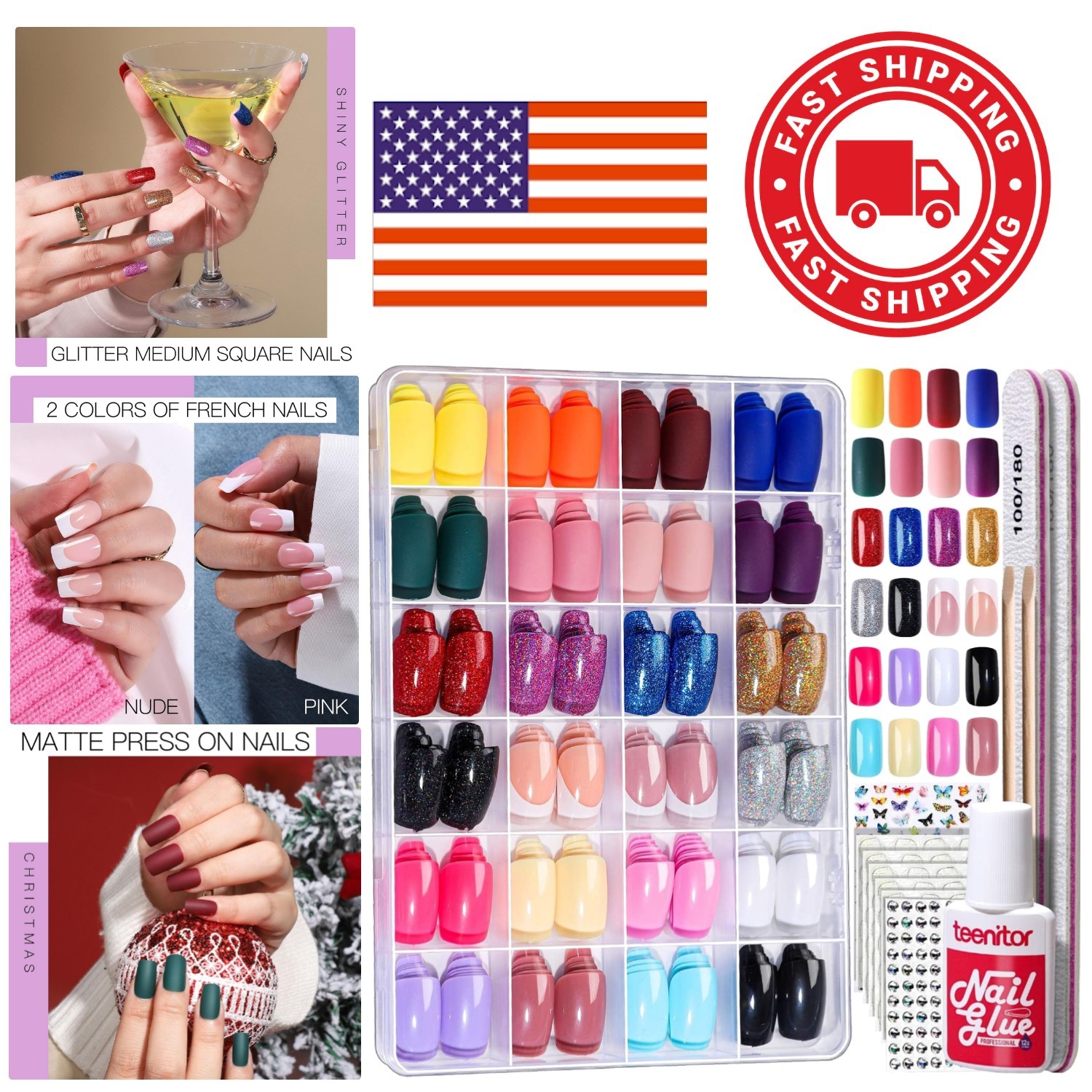 Dazzling Glitter Press On Nails Medium Square Kit 24 Pack with Nail Art Stickers