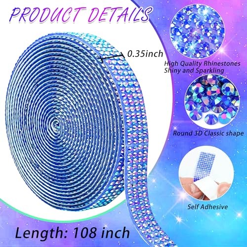 Self Adhesive Rhinestone Ribbon Crystal Strips, 3 Yards Width-0.35 inch Blue AB