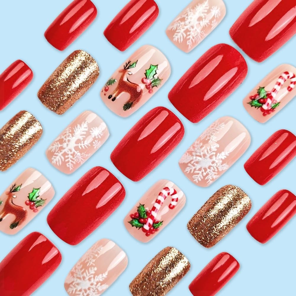 48pcs Christmas Press-on Nails Candy Cane Reindeer Snowflake Holiday Party Nails