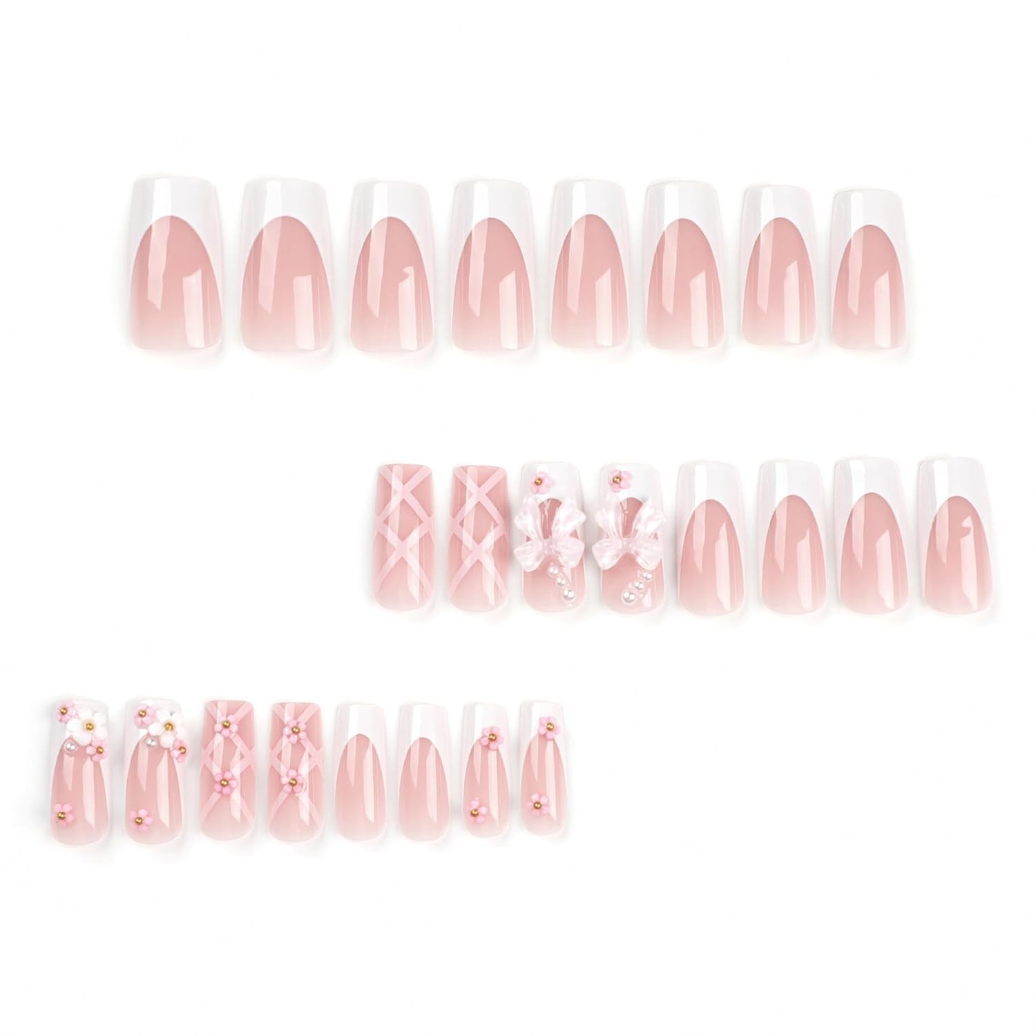 24x French Press on Nails Medium Rhinestone Pink Fake Nails Almond Bling Glossy