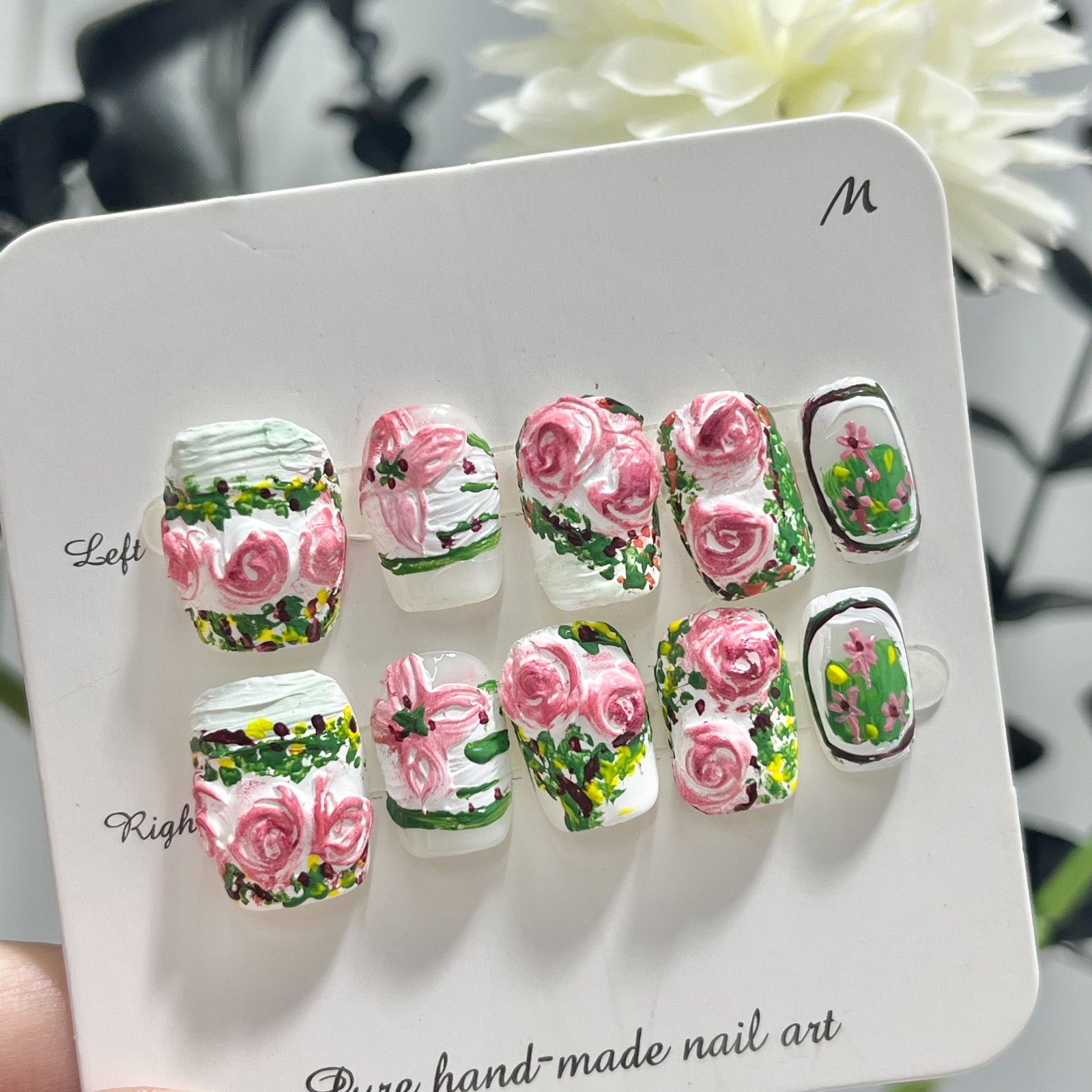 Hand Painted Pink Rose Press On Nails | 3D Textured Floral Fake Nails