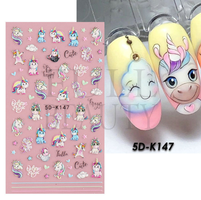 5D Nail Stickers Embossed Unicorn Decal Nail Art Decoration Birthday K147 NS24